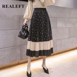 Spring Summer Women Polka Dots Chic Long Pleated Skirts Elegant High Waist A-Line Mid-Calf for Female 210428