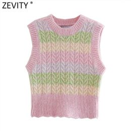 Women Fashion O Neck Colour Matching Striped Knitting Sweater Ladies Sleeveless Casual Slim Vest Short Pullovers Tops S536 210420