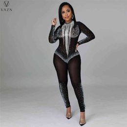 VAZN Lady Fashion Sexy Club Party Style Jumpsuits Long Sleeve Round Neck Zipper Pure Colour Pant 211115