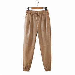 Women Summer PU Casual Pants Elastic Waist Drawstring Bow Tie Solid Female Fashion Street Trousers Clothes 210513