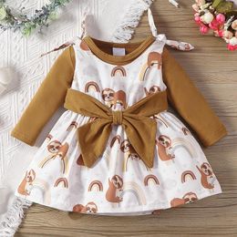 Girl's Dresses Spring Fall Baby Girl Dress Clothes 2 Pcs Sets Solid Long Sleeve Bodysuit+cartoon Animal Monkey Bow 0-18M