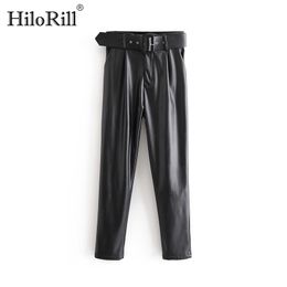 Women Chic Black PU Faux Leather Pants High Waist Pockets Ladies Office Trousers With Belt Casual Pleated Bottoms 210508