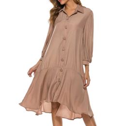 Khaki Color 3/4 Sleeve Irregular Knee Length Loose Dress with Button Tunics for Women Plus Size Spring Casual Shirt Dresses 210527