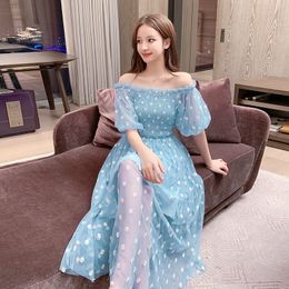 Summer Fairy Daisy Flower Embroidery Dress Women Sweet Off Shoulder Puff Sleeve Slim Elastic Waist Mesh Long Dresses 210416