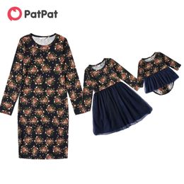 Arrival Autumn and Spring Mosaic Mommy Me Mesh Floral Print Long-sleeve Dresses Children's Clothing 210528