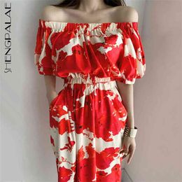 Slash Neck Red Printed Dress Women's Summer Back Bow High Elastic Waist Short Sleeve Mid-calf Dresses 5E385 210427