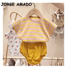 Summer Baby Girls Boys 2-pcs Sets Striped T-shirt Top + Solid Colour Shorts Children Fashion Clothes E89 210610