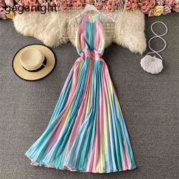 Beach Colorful Striped Women Long Dress Sexy Sleeveless Fashion Summer Ladies Robe Party Vestidos Casual Pleated 210601