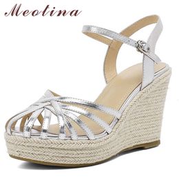 Meotina Shoes Women Genuine Leather Sandals Wedges Super High Heel Sandals Espadrille Round Toe Ladies Footwear Summer Sliver 210608