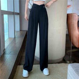 Wide Leg Pants Women Spring Pure Black Korean All-match Trendy Elegant Casual Daily Female Trousers Elastic Waist Plus Size Chic 211124