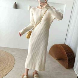 2021 autumn and winter new elegant button midi over-the-knee sweater dress with coat base inner knitted o neck dress women Y1204