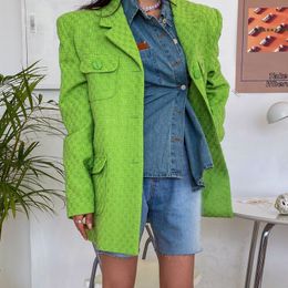 Women Green Vintage Casual Big Size Blazer Notched Long Sleeve Loose Fit Jacket Fashion Spring Autumn 2F0579 210510