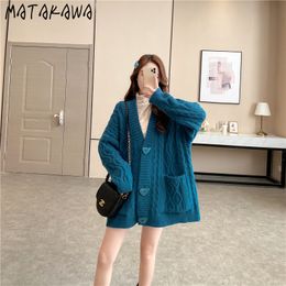 MATAKAWA Thick and Long Loose-fitting Sweater Jacket Women Autumn V-Neck Ladies Knitted Cardigan 210513