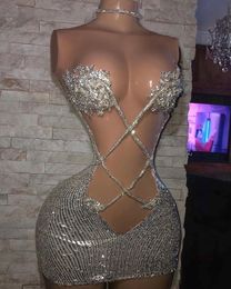Sparkly Sier Sequins African Short Prom Dresses Sweetheart Beaded Crystal Tail Dress Cut Out Formal Nigeria Vestidos De Gala
