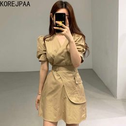 Korejpaa Women Dress Summer Korean Chic Retro Temperament V-Neck Cross Irregular Fake Two-Piece Lace-Up Puff Sleeve Vestido 210526