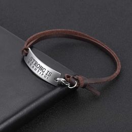 Teamer Leather Rope Name Bracelet for Men Women Stainless Steel Bracelets Words Text Charm Wrist Jewellery Never Give Up Gifts Q0719