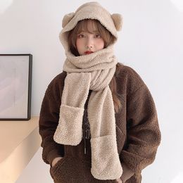 Winter new cute bear hat scarf one three piece set thickened Plush warm Bib student girl versatile women's fashion and warmth