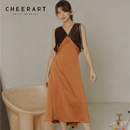 Kink Deep V Neck Tunic Orange Tank Dress Women Summer Long A Line Midi Designer Ladies es European Clothing 210427