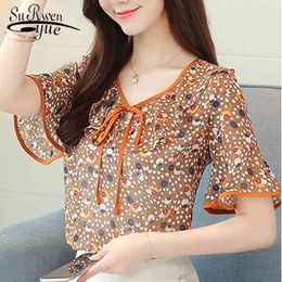 Women blouse and tops womens blouses Small Floral Chiffon Shirt Top Lace Women's Round Collar Bow 3432 50 210521