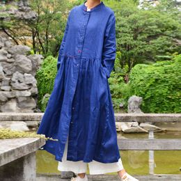 Johnature Cotton Linen Long Sleeve Stand Pockets Fashion Cardigan Dress Autumn Simple Comfortable 2 Color Women Dresses 210521