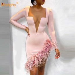 Autumn Sexy Long-Sleeved O-Neck Mesh See-Through Feather Pink Bodycon Bandage Dress Women'S Evening Party Vestido 210527