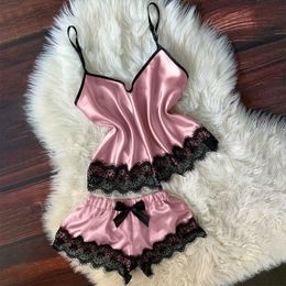 Pyjamas Women sleepwear V-Neck Ice silk satin cloth Sleep Tops Eyelash Lace Sexy Stain Bowknot Shorts Set Q0706