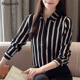 Fashion Striped Chiffon Blouse Women Long Sleeve Top Cardigan Button Up Shirt Office Plus Size s 6765 50 210512