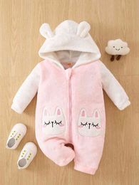 Baby Cartoon Embroidery 3D Ears Design Hooded Flannel Sleep Onesie SHE