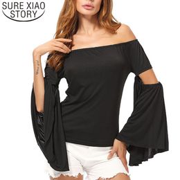 Shirts Ladies Black Clothes Long Tops Solid Slash Neck Flare Sleeve Top For Women Tshirt 4761 50 210415