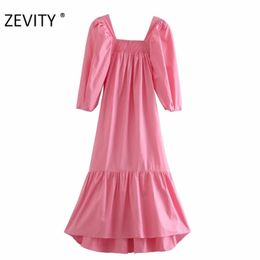 women fashion square collar puff sleeve pink Colour midi dress female hem pleat ruffles casual vestido chic dresses DS4425 210420