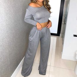 Two Piece Set Women Solid Off Shoulder Crop Top and Long Pants Set Sexy Autumn Long Sleeve Tracksuit Female Fall Outfits Women Y0625