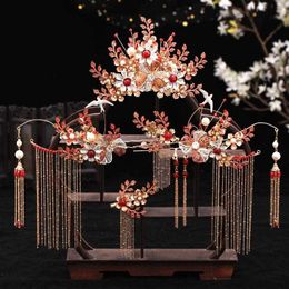 New Retro Chinese Wedding Bride Noiva Hair Jewellery Accessories Long Tassel Crystal Pearls Hair Sticks Forks Combs Earrings H1022