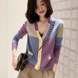 Vangull Patchwork Women Knitted Sweater Cardigans Long Sleeve Stripe Tops Fall Single Breasted Female Office 211018