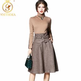 Autumn Spring Runway Woman Turtleneck Collar Ladies Tops + Knee Length Skirt England Style Outfit 2 Piece Suit 210520