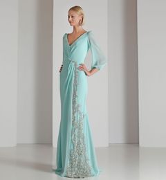 V Neck Applique Lace Evening Dress Light Sky Blue Chiffon Sheath 3/4 Long Sleeve Beaded Modern Prom Gowns