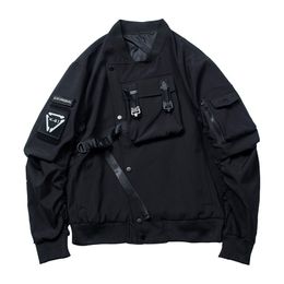 Techwear Black Hip Hop Punk Bomber Jackets Coats Men Japanese Streetwear Cotton Oversized Long Sleeve Casual Male Outerwear 211217