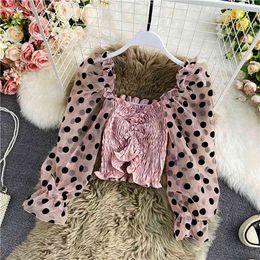 Spring Autumn Retro Square Collar Slim Short Top Women's Mesh Polka Dot Puff Sleeve Stitching Colour Contrast Pleated Shirt C106 210506