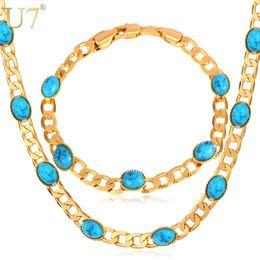 U7 Blue Stone Jewellery Trendy Gold Colour Turkey Women's Earrings Necklace Set Whole S587