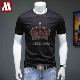 Summer Leisure Men's Crown Diamonds T-shirts Male Ropa Mujer Drilling Streetwear Skulls Beading Tshirt Man Cotton Tops Tees 210716