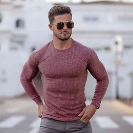 Spring Fashion O-neck Sweaters Men Elasticity Strips Knitted Pullovers Men Solid Sports Sweaters Male Autumn Slim Fit Knitwear 210421