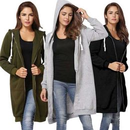 Autumn Casual Women Long Hoodies Sweatshirt Coat Zip Up Outerwears Hooded Jacket Winter Pockets Outwear Tops 211206