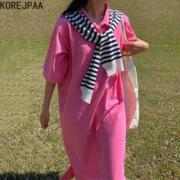 Korejpaa Women Dress Korean Simple Casual Lapel Single Breasted Loose Short Sleeve Split Vestido and Contrast Striped Shawl 210526