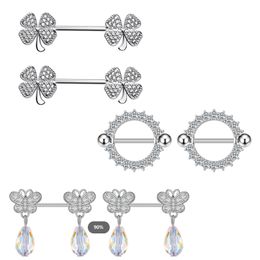 14G Four Leaf Clover Nipple Rings Stainless Steel Butterfly Dangling Nipples Ring Shield Barbell for Women and Grils