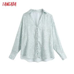 Tangada Women Green Floral Print Loose Cozy Blouses Vintage Long Sleeve Button-up Female Shirts Blusas Chic Tops BE794 210609