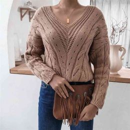 Warm Sweaters for women fashion casual V-neck twist Knit sweater loose Pullover Sweater autumn winter Jumper woman sweaters 210508