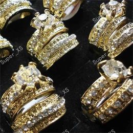12Pcs/6Pairs ! 2 in 1 Zircon Rhinestones Gold Rings For Women Whole Jewelry Bulk Lots LR036