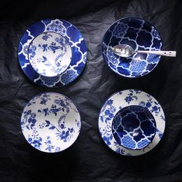 bone bowl UK - Bowls American Style In Glaze Matte Blue Flower Bird Cloud Twill Ceramic Tableware   Bowl Bone Plate