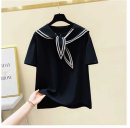 Age-Reducing Preppy Style Bow Sailor Collar Short T-shirt Women's Shirt Casual Fashion Women Tops 210615