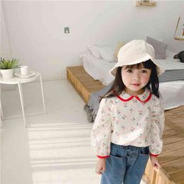 Cute girls cherry printed cute doll collar shirts baby girl cotton colour blocking long sleeve clothes 210708