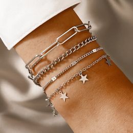 4pcs/sets New Trendy Star Bracelets for Women Silver Colour Alloy Metal Hollow Out Geometry Adjustable Jewellery